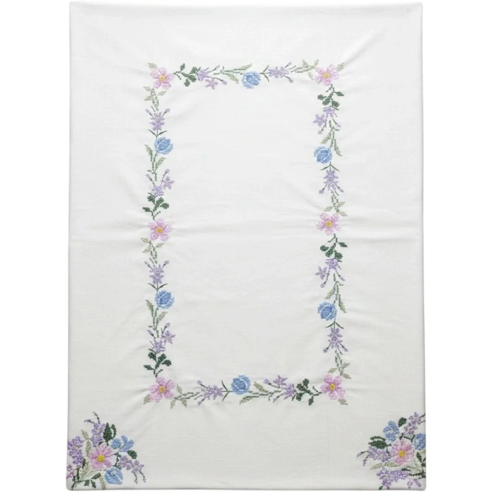 Vintage Floral Cross Stitch Embroidered White Rectangular Tablecloth Cottagecore
